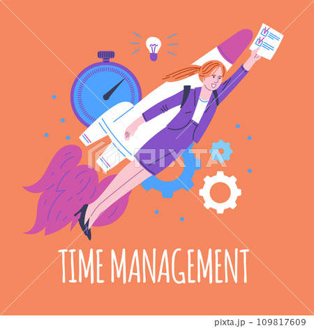 Woman flies upward on a rocket, vector effective time management and productivity workflow poster. business achievement Woman flies upward on a rocket, vector effective time management and productivity workflow poster. business achievement 109817609