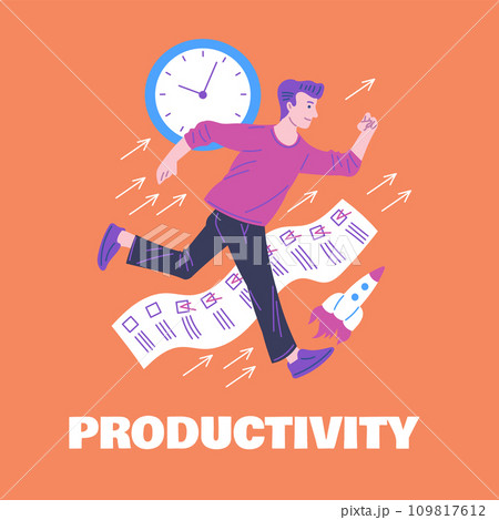 Man runs fast like a rocket to get everything done in checklist, vector productivity poster, time management achievement Man runs fast like a rocket to get everything done in checklist, vector productivity poster, time management achievement 109817612