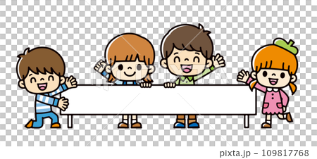 Vector illustration of white signboard with smiling and waving children Vector illustration of white signboard with smiling and waving children 109817768