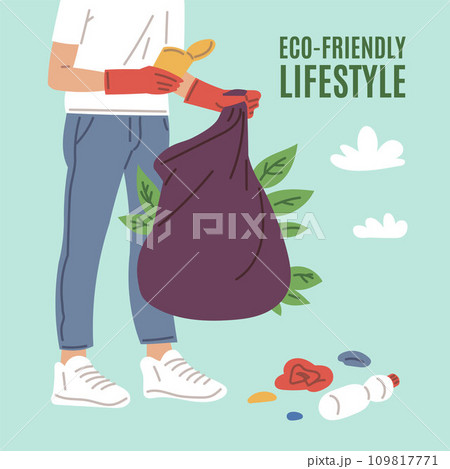 Person collecting garbage into trash bag, volunteer pick up trash to keep the earth clean, ECO friendly vector poster Person collecting garbage into trash bag, volunteer pick up trash to keep the earth clean, ECO friendly vector poster 109817771