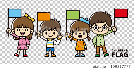 Illustration of children waving flags to welcome Illustration of children waving flags to welcome 109817777