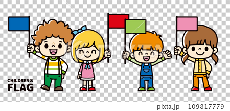 笑顔で旗を持って観戦する子供たちのイラスト 109817779
