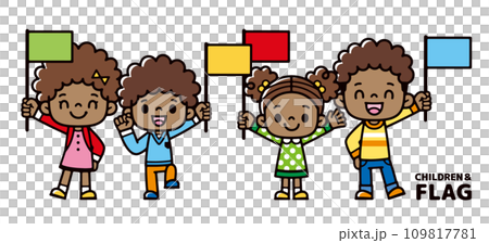 旗を振って応援する黒人の子供たちのイラスト 109817781