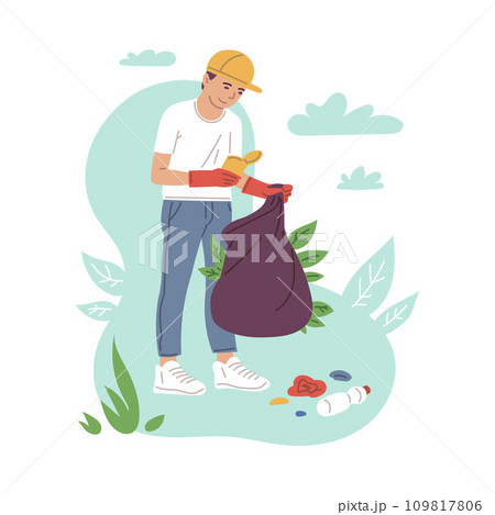 Man collects garbage, ecologist volunteer, cartoon vector illustration Man collects garbage, ecologist volunteer, cartoon vector illustration 109817806
