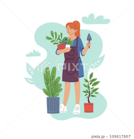 Happy woman holding pots with flowers and spatula flat style 109817807