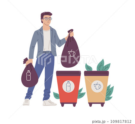 Person is putting rubbish in trash bins, dumpsters or containers, vector eco-friendly man practicing garbage sorting 109817812