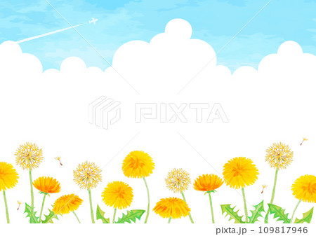 かわいいタンポポと青空の風景イラスト かわいいタンポポと青空の風景イラスト 109817946