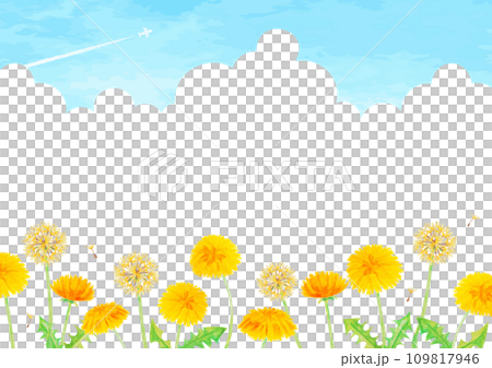 かわいいタンポポと青空の風景イラスト かわいいタンポポと青空の風景イラスト 109817946