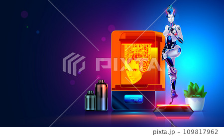 3d printer on table with printed 3d model of miniature figure robot woman. Photopolymer SLA 3d printer with head doll in 3d printing box. Manufacturing diy cosplay in home workshop. Woman cyborg. 109817962