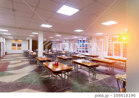 Cafeteria, dining room in university, cafe with tables and chairs, counter bar hotel. Cafeteria, dining room in university, cafe with tables and chairs, counter bar hotel. 109818190