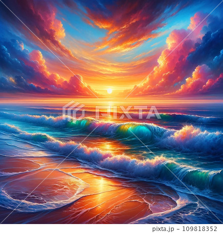 夕焼けに照らされた美しい海のイラスト素材 [109818352] - PIXTA