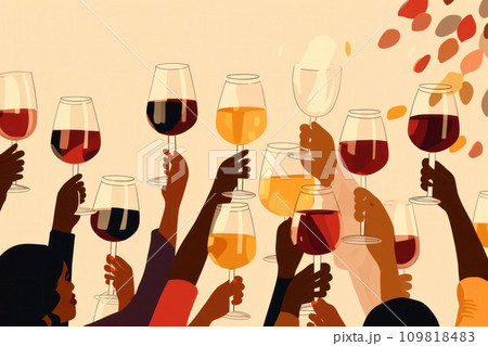 wine glasses raising in the air as guests toast over food wine glasses raising in the air as guests toast over food 109818483