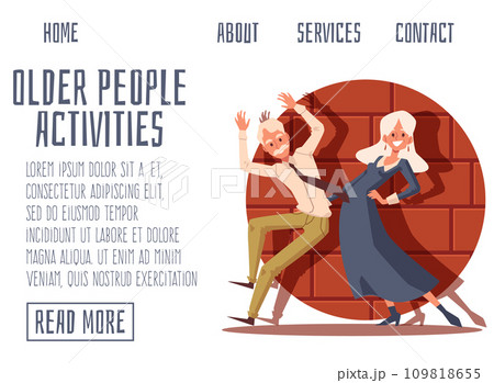 Older people activities site banner with seniors dancing flat vector illustration. Older people activities site banner with seniors dancing flat vector illustration. 109818655