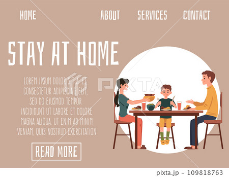 Stay at home website banner family eating together flat vector illustration. 109818763