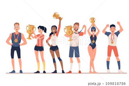 Diverse sportive people with award cups flat vector illustration isolated. 109818786