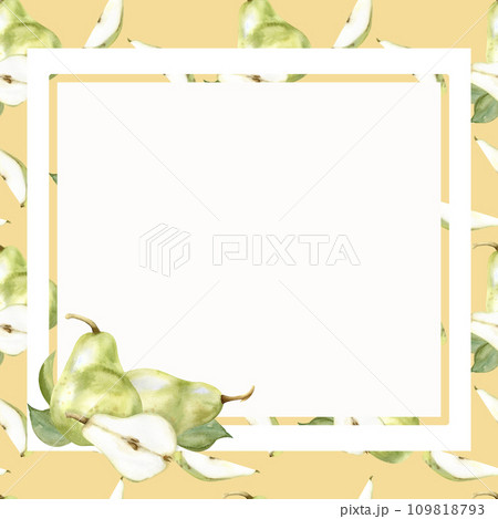 Watercolor hand drawn fresh green pears frame on peach colored background with fresh fruits composition . Food illustration arrangement with pear fruit compositions for label, logo, product packing 109818793