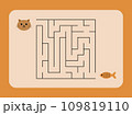 Maze game, worksheet for kids, cat and fish on an orange background, vector. 109819110
