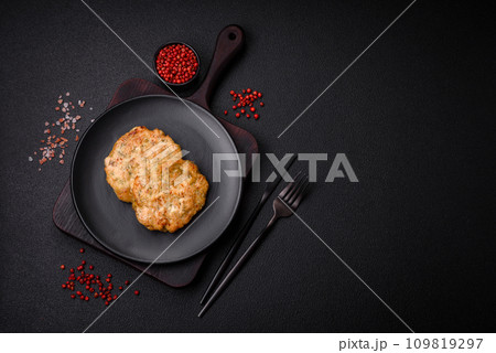 Delicious fresh fried minced fish cutlets with spices and herbs Delicious fresh fried minced fish cutlets with spices and herbs 109819297
