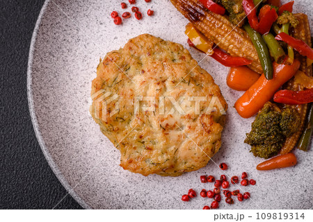 Delicious fresh fried minced fish cutlets with spices and herbs 109819314