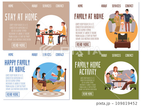 Family at home landing page set with cartoon characters flat vector illustration. Family at home landing page set with cartoon characters flat vector illustration. 109819452