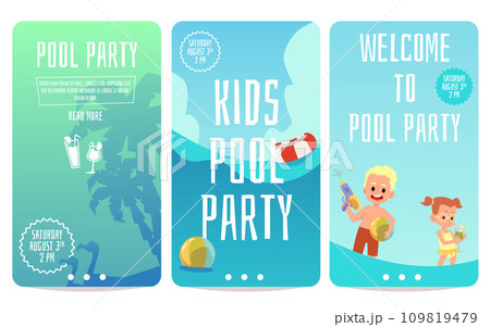 Kids swimming pool party flyers or posters set, flat vector illustration. Kids swimming pool party flyers or posters set, flat vector illustration. 109819479