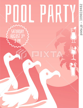 Pool party - pink poster with flamingo birds and cocktail drinks. 109819482