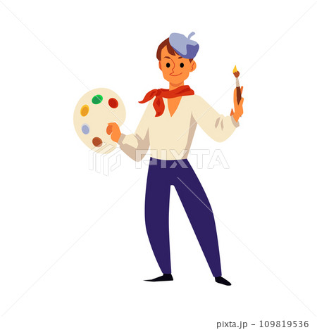 Man artist with color palette and brush, flat vector illustration isolated. Man artist with color palette and brush, flat vector illustration isolated. 109819536