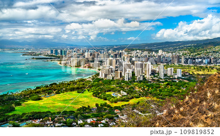 Aerial view of Waikiki in Honolulu city from Diamond Head Crater in Oahu Island, Hawaii 109819852