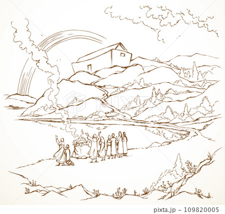 Vector drawing. Noah Offers a Sacrifice to God Vector drawing. Noah Offers a Sacrifice to God 109820005