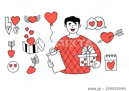 Love set. Cute man courier with gift, Heart, love symbols, valentines, balloon. Vector isolated romantic elements doodles for festive design for Valentine day. Love set. Cute man courier with gift, Heart, love symbols, valentines, balloon. Vector isolated romantic elements doodles for festive design for Valentine day. 109820040