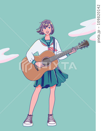 ギターを弾きながら歌う女子高生 109820142