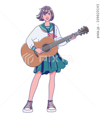 ギターを弾きながら歌う女子高生 ギターを弾きながら歌う女子高生 109820143