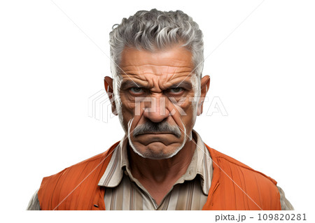 AI-generated content. Sulking senior Latin American man, head and shoulders portrait on white background. Neural network generated photorealistic image 109820281