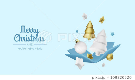 Happy New Year and Merry Christmas. Christmas holiday background with realistic 3d objects,gold and red bauble balls, conical metal stars. Levitation falling design composition. 109820320