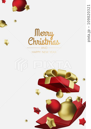 Happy New Year and Merry Christmas. Background with realistic holiday ball and gift. Christmas balls, gold stars, shiny confetti. 109820321