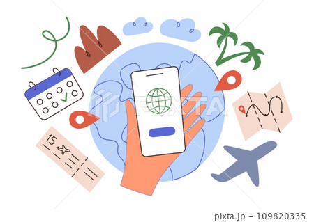 Travel app hand drawn composition, planning a trip online, doodle icons of plane, calendar, ticket, vector illustration of mobile phone screen, globe with location icons, travel agency concept Travel app hand drawn composition, planning a trip online, doodle icons of plane, calendar, ticket, vector illustration of mobile phone screen, globe with location icons, travel agency concept 109820335