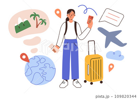 Travel app hand drawn composition, planning a trip online, cartoon woman with baggage, plane, calendar, ticket icons, vector illustration of mobile phone screen, globe with location, travel agency Travel app hand drawn composition, planning a trip online, cartoon woman with baggage, plane, calendar, ticket icons, vector illustration of mobile phone screen, globe with location, travel agency 109820344