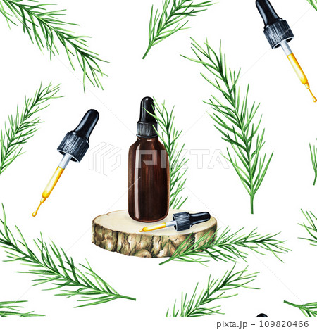 Watercolor seamless pattern illustration with bottle of serum, cream with pipette on a wooden saw and fresh rosemary isolated on background. Detail of beauty products and botany set, cosmetology and 109820466