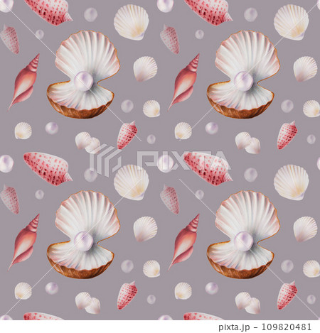 Watercolor seamless pattern with shells and pearls. Hand painting clipart underwater life objects on a white isolated background. For designers, decoration, postcards, wrapping paper, scrapbooking, Watercolor seamless pattern with shells and pearls. Hand painting clipart underwater life objects on a white isolated background. For designers, decoration, postcards, wrapping paper, scrapbooking, 109820481