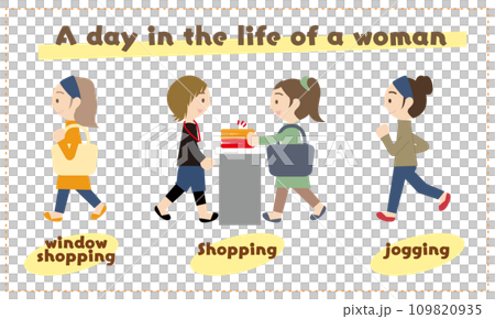 ある女性の1日 ウィンドウショッピング 買い物 ジョギング イラスト 109820935