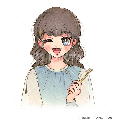 笑顔で歯ブラシを持つ女性のレトロ漫画風イラストのイラスト素材