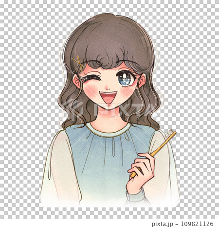 Retro cartoon style illustration of a woman smiling and holding a toothbrush 109821126