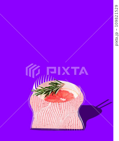 Tropical lemonade. Grapefruit and mint into creative class over purple background. Creative design. Refreshment Tropical lemonade. Grapefruit and mint into creative class over purple background. Creative design. Refreshment 109821529