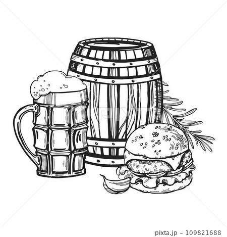 Hand drawn vector sketch of wooden barrel for beer, beer glass, burger, garlic and rosemary, black and white illustration of beer theme, inked illustration isolated on white background Hand drawn vector sketch of wooden barrel for beer, beer glass, burger, garlic and rosemary, black and white illustration of beer theme, inked illustration isolated on white background 109821688