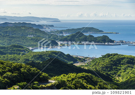 Spectacular view of the Coastal Mountains overlooking New Taipei City and Keelung in Taiwan. View of the North Coast of Taiwan. 109821901