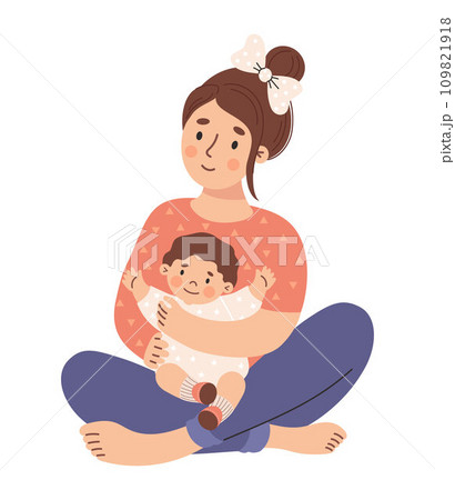 Happy woman with small child. Cute female character mother with baby. Vector illustration in flat style. 109821918