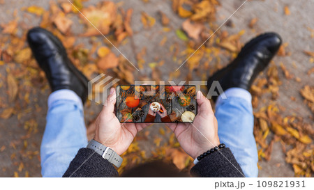 Man received photo message invitation for coffee on smartphone while sitting outdoors in a park full of autumn leaves on the ground 109821931