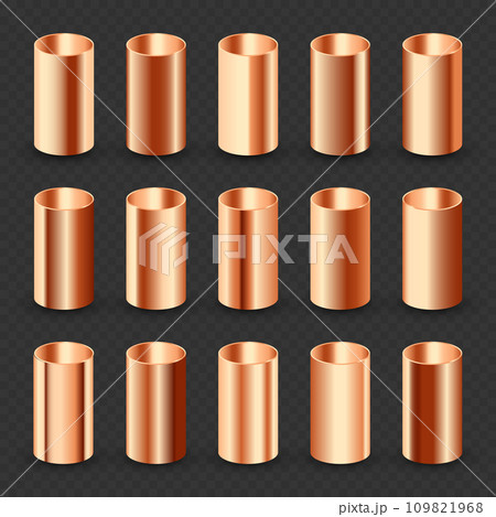 Copper pipes collection. Construction material, pipeline. Industry and engineering. Polished metal texture with silver gradient. Vector illustration 109821968