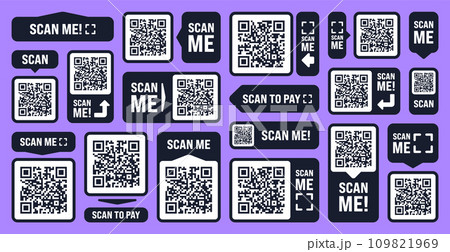 Scan me QR code sticker. Online payment. Special offer sale stickers, shopping discount label or promotional badge. Serial number, product ID. Supermarket retail label, price tag. Vector illustration 109821969
