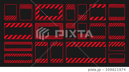 Various red grunge warning signs with diagonal lines. Old attention, danger or caution sign, construction site signage. Realistic notice signboard, warning banner, road shield. Vector illustration Various red grunge warning signs with diagonal lines. Old attention, danger or caution sign, construction site signage. Realistic notice signboard, warning banner, road shield. Vector illustration 109821974